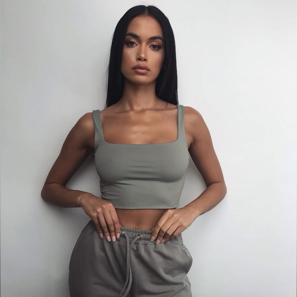 New! MESHKI Square Neck Crop Top in Sage